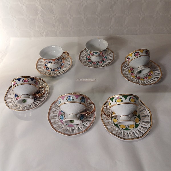 Vintage porcelain coffee set cups saucers BC design color floral theme dinner service tableware coffee set for six