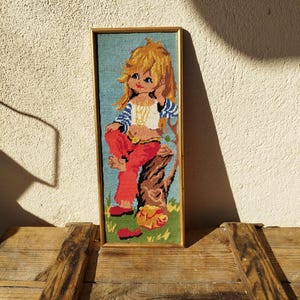 Vintage frame canvas poulbot street girl/Paris kid/Parisian Titi/retro colorful craft decoration 1970/collection/gift/art