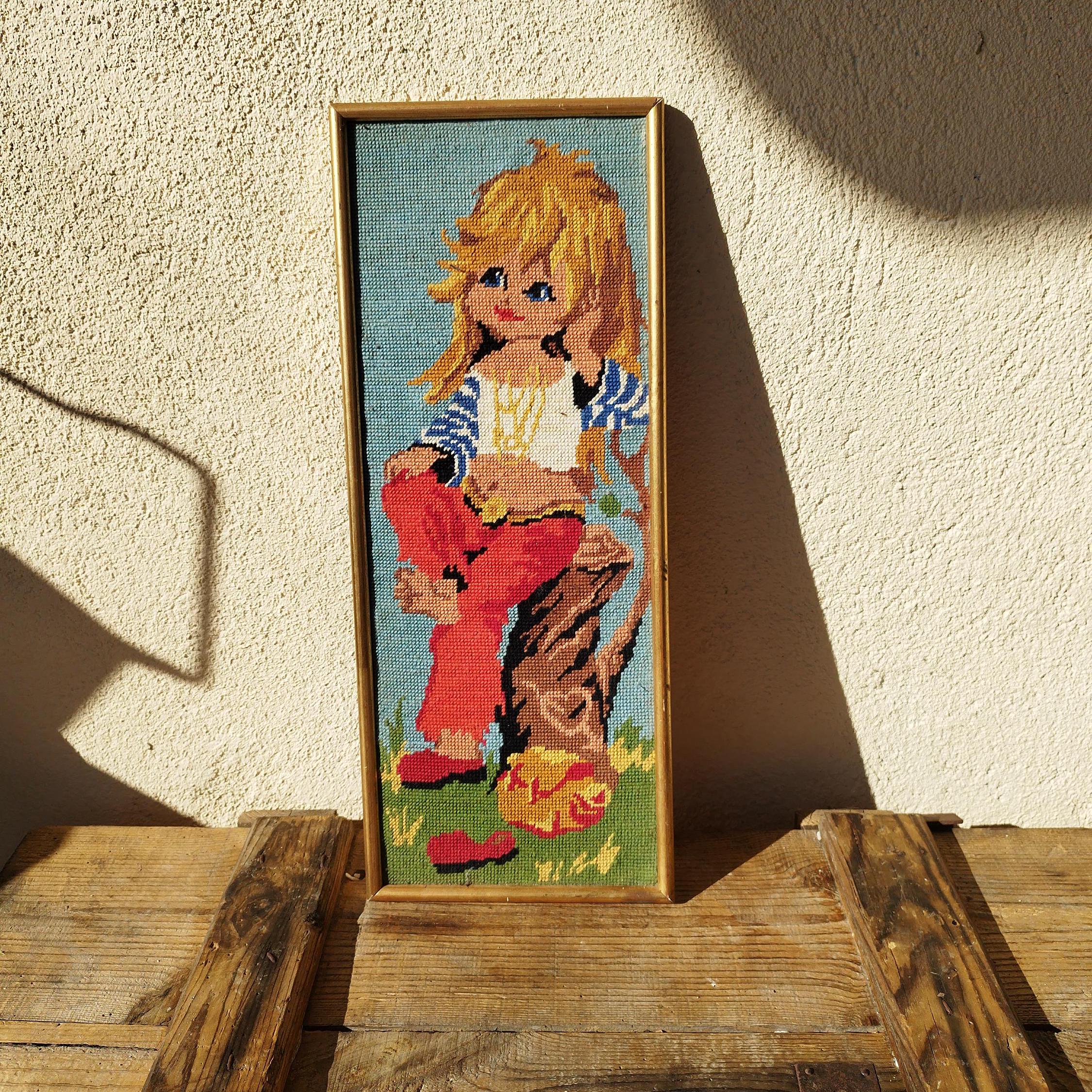 CANEVAS VINTAGE FINI FAIT CREATION 47X17CM POULBOT GARCON AUTO STOPPEUR