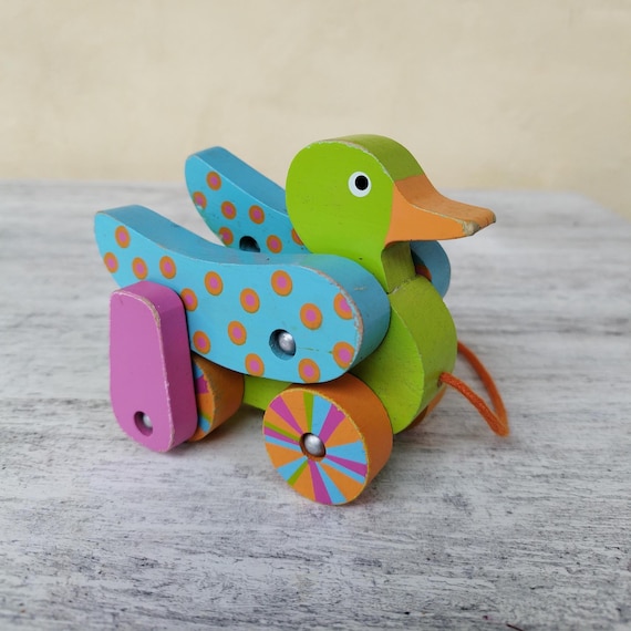 Juguete de madera vintage/pequeño pato de  arrastre/ala/articulado/calidad/colorido/Fnac Eveil/Juego creatividad  aprendizaje