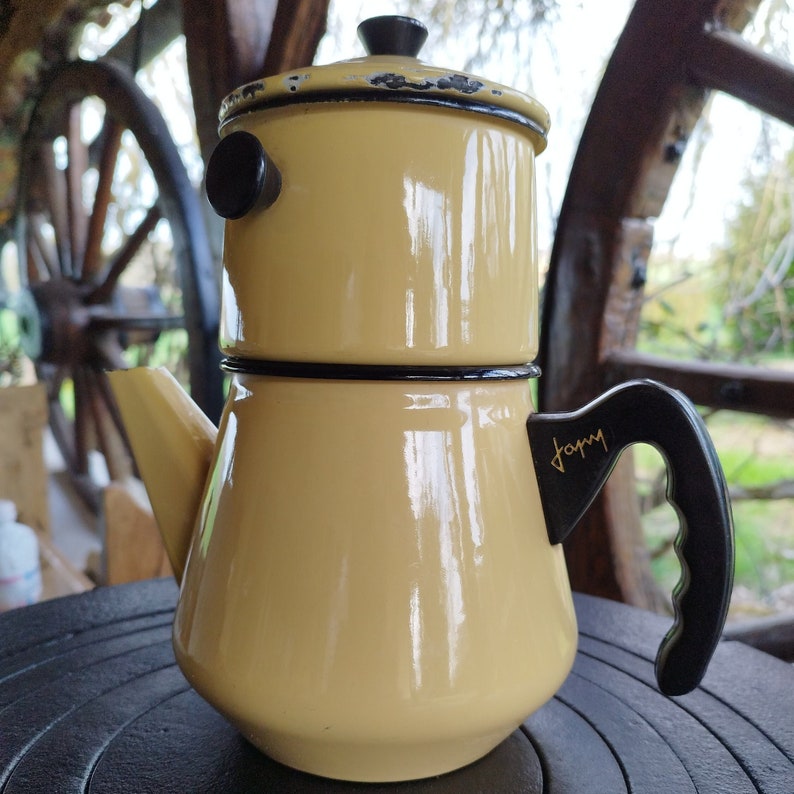 Vintage Metal Coffee Maker/yellow Enamelled Sheet/old/japy Brand/1950s