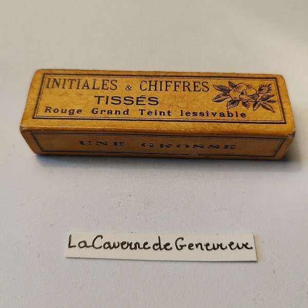 Vintage boîte galons 1900/cartonnée/jaune/Initiales & chiffres tissés rouge/lessivable/à coudre/fabrication française/mercerie/rubans coton