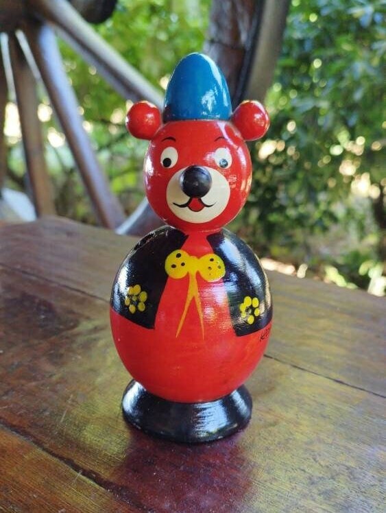 Vintage teddy bear pencil holder/painted wood/artisanal/traditional/colorful/fun/office supply child teen adult/decoration/gift to offer