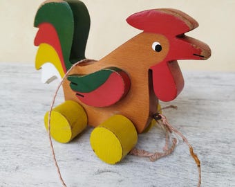 Vintage Rooster Wooden Pull Along Toy 1950/Colorful Children's Handcrafted Toy/Gift/Collection/Decoration/Educational Fun/Nostalgia Souvenirs