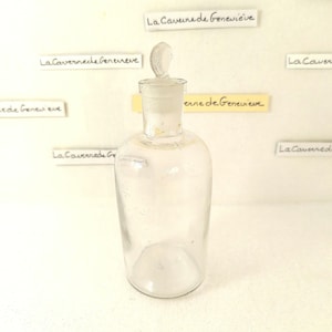 Vintage old apothecary glass bottle and its cap/antique bottle ground neck/transparent glass vial year 1950/pharmacy bottle