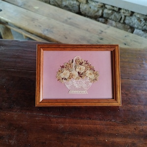 Peut inclure: Une image encadrée avec un fond rose représentant un panier en dentelle rempli de fleurs séchées.