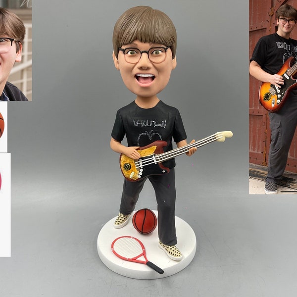 Custom guitar playing boy, custom sports boy bobble head doll, personalized guitar boy bobble head doll