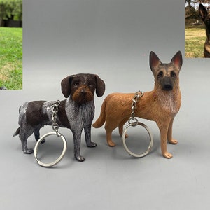 Puede incluir: Dos llaveros de perro, uno marrón y blanco de Braco Alemán de Pelo Corto y otro beige de Malinois Belga. Ambos llaveros están hechos de resina pintada y tienen un anillo de metal plateado.