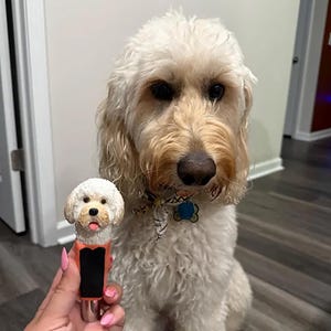 May include: A dog-themed bottle stopper featuring a sculpted white dog head with a pink tongue, atop an orange and black base. The dog in the image is a light brown color with a matching collar and tag.