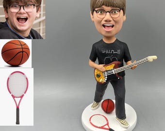 Custom guitar playing boy, custom sports boy bobble head doll, personalized guitar boy bobble head doll