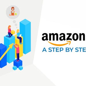 Könnte beinhalten: Illustration mit dem Text "amazon FBA A STEP BY STEP GUIDE". Das Bild zeigt ein Balkendiagramm mit Figuren, die die Balken erklimmen. Eine Sprechblase zeigt eine Person, die Reinigungsmittel hält.