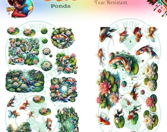 Könnte beinhalten: Ein Vinyl-Aufkleberbogen mit bunten Kois, Seerosen und Teichszenen. Die Aufkleber umfassen verschiedene Größen und Designs, mit dem Text "Koi Ponds" und "Vinyl Sticker Sheet. Tear Resistant."
