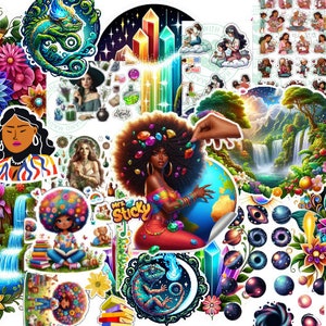 May include: A colorful collage of stickers featuring various illustrations, including a woman with a crown of jewels, a lizard, a crystal, a waterfall, and a book. The stickers are arranged in a chaotic and whimsical manner, creating a vibrant and eclectic design.