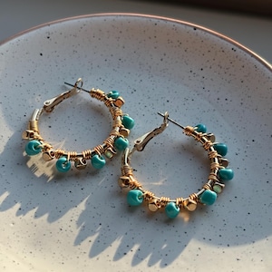 Gold Teal Beaded Hoop Earrings: Hypoallergenic Dainty Jewelry