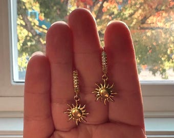 Gold Plated Sun Dangle Earrings, Handmade