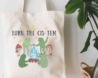 Burn the Cistem Tote Bag, Frog Pride Tote, Trans Rights, Trans Pride Tote, Queer Gifts, Trans Ally Bag, Pride Merch, Cottagecore Clothing