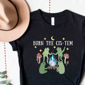May include: Black t-shirt with a graphic of three green frogs around a campfire with the text "BURN THE CIS-TEM" in white.