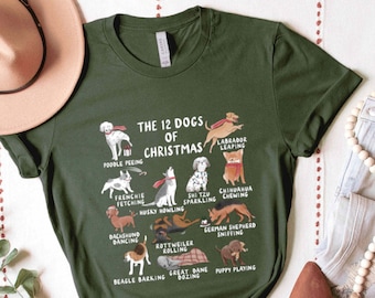 Camiseta de 12 perros de Navidad, camiseta para amantes de los perros, camiseta divertida de Navidad, regalo para mamá perro, camiseta para papá perro, sudadera para perro, suéter feo de Navidad, camiseta con arte para perros