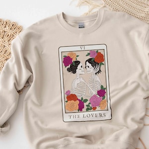 Lesbian Skeleton Couple Sweater, Lesbian Pride, The Lovers Tarot Sweatshirt, Lesbian Valentines, Wlw Clothing, Vintage Tarot Shirt