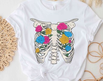 Camiseta de esqueleto de orgullo pansexual, camiseta de orgullo con costillas florales, regalos pansexuales, orgullo espeluznante, ropa de orgullo de Halloween, regalos LGBTQ, camisetas queer