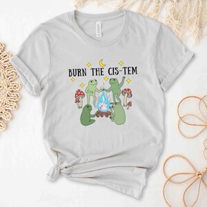 Puede incluir: Una camiseta gris claro con el texto "BURN THE CIS-TEM" impreso en ella. El dise&ntilde;o presenta cuatro ranas alrededor de una fogata con setas y estrellas.