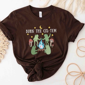 Puede incluir: Camiseta marr&oacute;n con un gr&aacute;fico de tres ranas alrededor de una fogata con el texto "BURN THE CIS-TEM" encima.