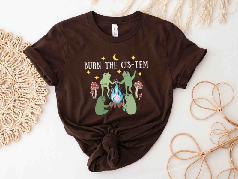 Puede incluir: Camiseta marr&oacute;n con un gr&aacute;fico de tres ranas alrededor de una fogata con el texto "BURN THE CIS-TEM" encima.