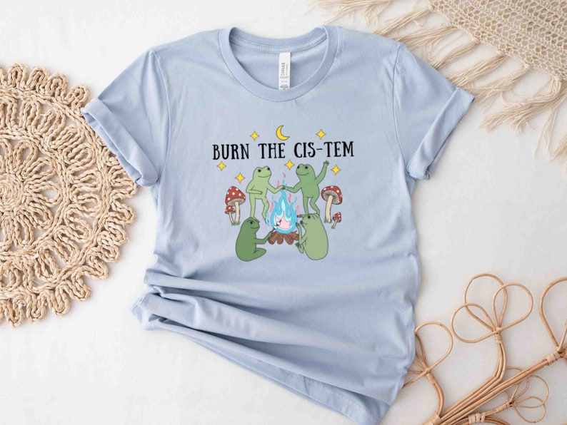 Puede incluir: Camiseta azul claro con un gr&aacute;fico de tres ranas alrededor de una fogata con el texto "BURN THE CIS-TEM" en negro.