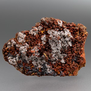 May include: A close-up of a mineral specimen with a rough, textured surface. The rock is primarily reddish-brown with patches of gray and white crystalline formations. The overall shape is irregular, with a slightly rounded appearance.