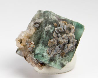 May include: A raw mineral specimen featuring a large, translucent green fluorite crystal cluster. The surface is partially covered with smaller, metallic, dark gray cubic crystals and lighter, textured crystalline formations.