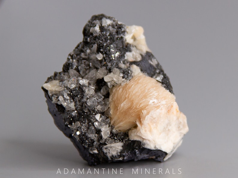 May include: A cluster of light pink and white crystals on a dark gray rock. The crystals are arranged in a fan shape and have a smooth, shiny surface.