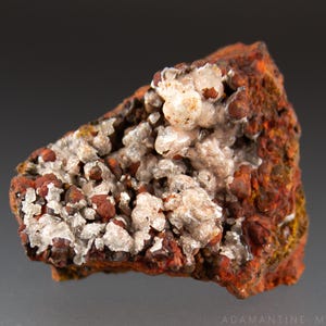 May include: A close-up of a mineral specimen featuring a rough, reddish-brown matrix. The surface is covered with clusters of small, white, and translucent crystals. The mineral has a textured appearance, with a mix of colors and shapes.