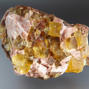 Yellow Fluorite with Pink Barite from Aouli, Small Cabinet Specimen from Mibladen, Morocco, 58mm