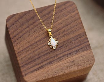 Opalhalsband, Halsband med oktobersten, Opalhänge i sterlingsilver, Vintagehalsband med 18 karat guldplätering, Present till henne