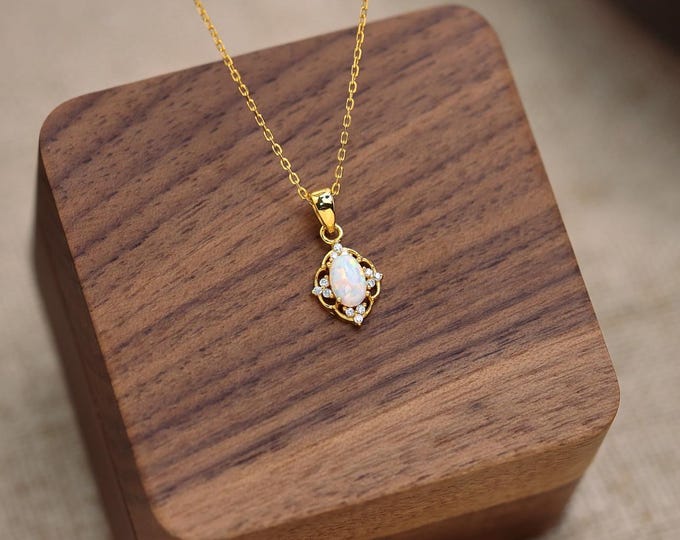 Sterling Silver Opal Necklace, October Birthstone Necklace, Opal Pendant, Vintage 18K Gold Plated Necklace, Gift for Her