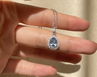 Collier de pierre de naissance en argent sterling S925, collier en zircon délicat, collier de topaze bleue de décembre, cadeau de fête des mères, cadeau d'anniversaire pour elle