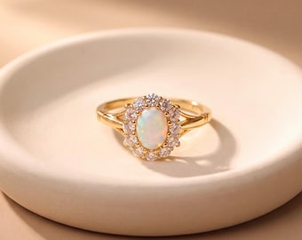 18K Gold Plated Opal Ring with Diamond Halo – October Birthstone Ring – Elegant Opal Statement Ring – Gift for Her