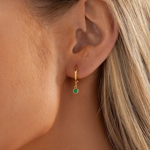 925 Sterling Silver Birthstone Hoop Earrings | Minimalist 18K Gold Huggie Earrings | Personalized Birthday Gift for Her