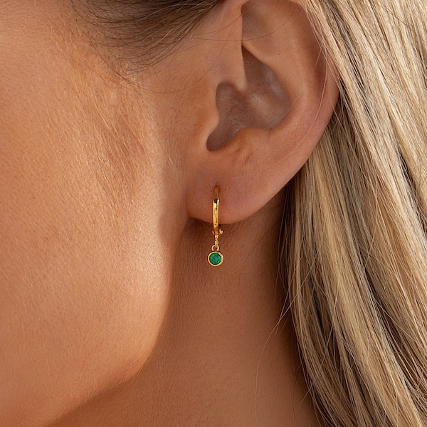 925 Sterling Silver Minimalist Birthstone Hoop Earrings, Birthstone Huggie Earrings, 18K Gold Earrings, Birthday Gift for Her