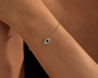 925 Sterling Silver Evil Eye Bracelet, Personalized Birthstone Evil Eye Bracelet, 14K Gold Nazar Bracelet, September Birthday Gift