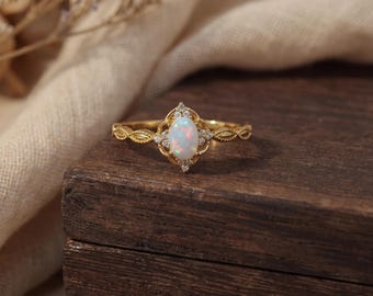 Sterling Silver Opal Ring – Vintage Natural Opal Ring – 18K Gold Plated Ring – Gift for Her – Mother's Day Gift