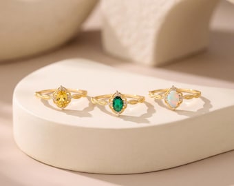 Sterling Silver Vintage Birthstone Ring, Personalized Oval Ring, Dainty Gold Stacking Ring, 18K Gold Opal Ring, October birthstone,