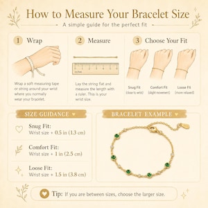 Puede incluir: Una infograf&iacute;a titulada How to Measure Your Bracelet Size, que muestra t&eacute;cnicas para medir la mu&ntilde;eca, una regla, ejemplos de ajuste y una pulsera de cadena dorada con piedras redondas alternas en verde y transparente.