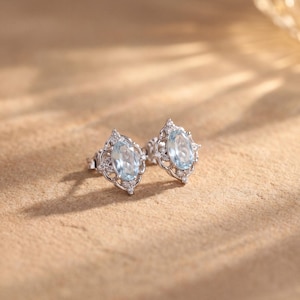 Sterling Silver Aquamarine Earrings – Vintage Aquamarine Dangle – 18K Gold Plated – March Birthstone Jewelry – Gift for Her, Bridesmaid