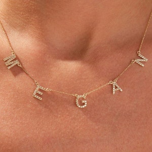 Solid Gold Birthstone Name Necklace/ Personalized Gift for Women/ Custom Name Necklace/ Birthday Gift for Her/ Minimalist Name Necklace