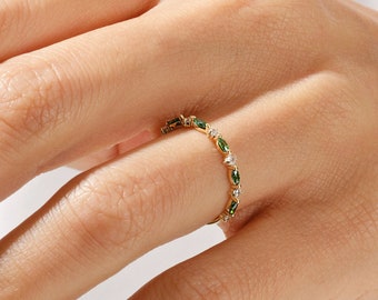 14k Solid Gold Emerald Marquise Band / Alternating Marquise & Round Gemstone Ring for Women / Half Eternity Marquise Wedding Band