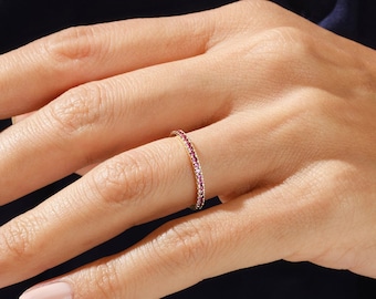 14k Solid Gold Full Eternity Ruby Ring / Stackable Birthstone Ring for Women / Minimalist Birthday Ruby Ring / Gemstone Jewelry
