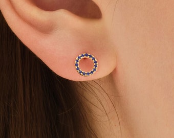 Open Circle Birthstone Stud Earrings / Solid Gold Birthstone Stud Earrings / Minimalist Birthstone Studs for Mom / Mother's Day Gift