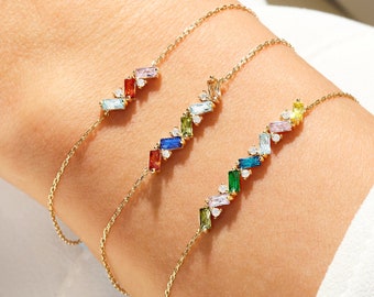14k Solid Gold Baguette Cut Family Birthstone Bracelet / Baguette Cut Mom's Birthstone Bracelet / Unique Layering Bracelet / Mother's Day