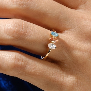 14k Solid Gold Mother&#39;s Ring / 3 Stone Gold Birthstone Ring for Mom / Personalized Gift Ring for Women / Gifts for Grandma / Birthday Gift